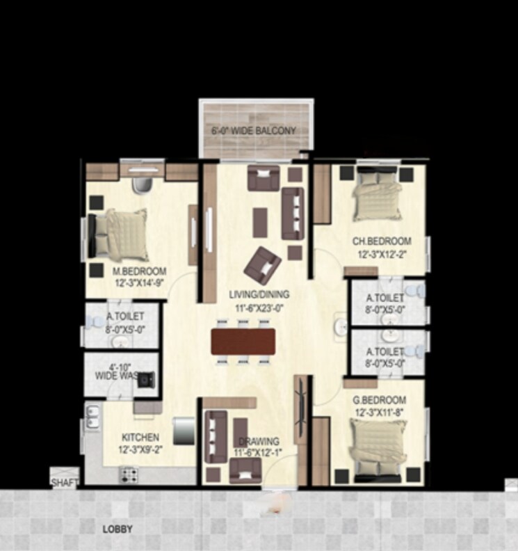 Floor Plan, ananda-the-drizzle 3 Bedroom 1895 Sq.Ft. Apartment In Narsingi Hyderabad 8903754