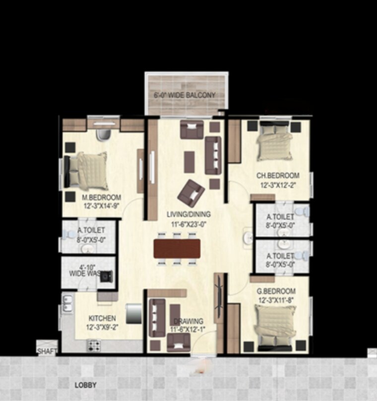 Floor Plan, ananda-the-drizzle 3 Bedroom 1895 Sq.Ft. Apartment In Narsingi Hyderabad 8903754