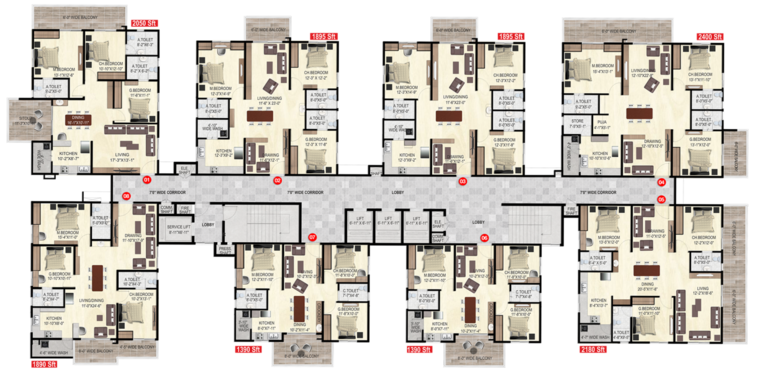 Floor Plan, ananda-the-drizzle 3 Bedroom 1895 Sq.Ft. Apartment In Narsingi Hyderabad 8903754