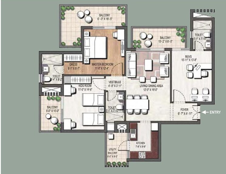 Floor Plan, assotech-blith 3 Bedroom 993 Sq.Ft. Apartment In Sector 99 Gurgaon 8903849