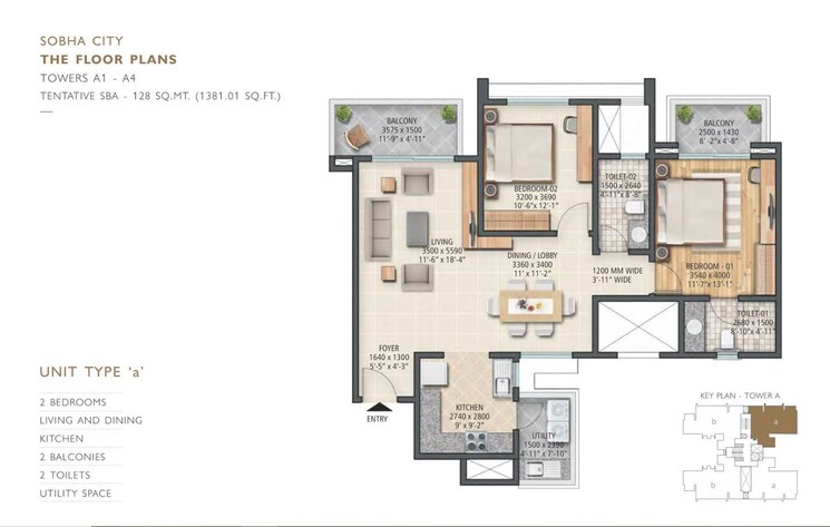 Floor Plan, sobha-city-gurgaon 2 Bedroom 1381 Sq.Ft. Apartment In Sector 108 Gurgaon 8908695