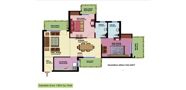 Floor Plan, srs-residency 2 Bedroom 1304 Sq.Ft. Apartment In Sector 88 Faridabad 8910013