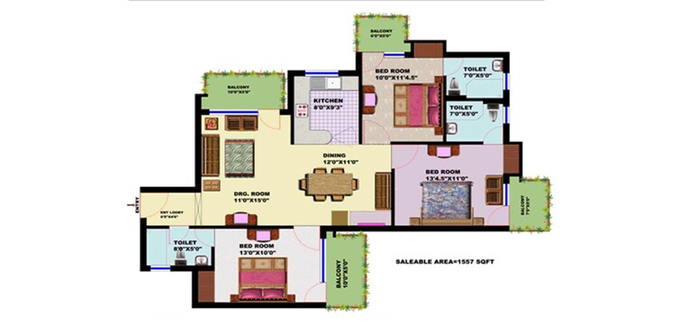 Floor Plan, srs-residency 2 Bedroom 1304 Sq.Ft. Apartment In Sector 88 Faridabad 8910013