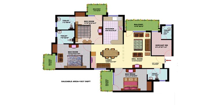 Floor Plan, srs-residency 2 Bedroom 1304 Sq.Ft. Apartment In Sector 88 Faridabad 8910013