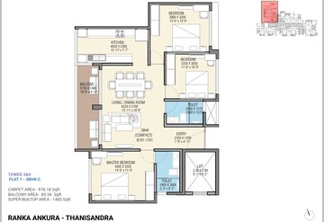 Floor Plan in 3 BHK Apartment at Ranka Ankura, Thanisandra Main Road – for Sale