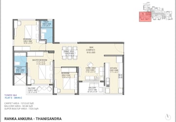 Floor Plan in 3 BHK Apartment at Ranka Ankura, Thanisandra Main Road – for Sale