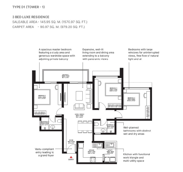 Floor Plan, sobha-aurum 3 Bedroom 1570 Sq.Ft. Apartment In Sector 36 Greater Noida Greater Noida 8911150
