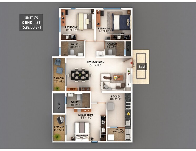 Floor Plan, meenakshi-high-life-towers 2 Bedroom 1290 Sq.Ft. Apartment In Rachenahalli Bangalore 8922008