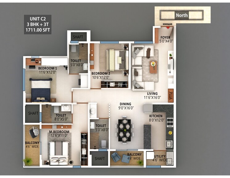 Floor Plan, meenakshi-high-life-towers 2 Bedroom 1290 Sq.Ft. Apartment In Rachenahalli Bangalore 8922008