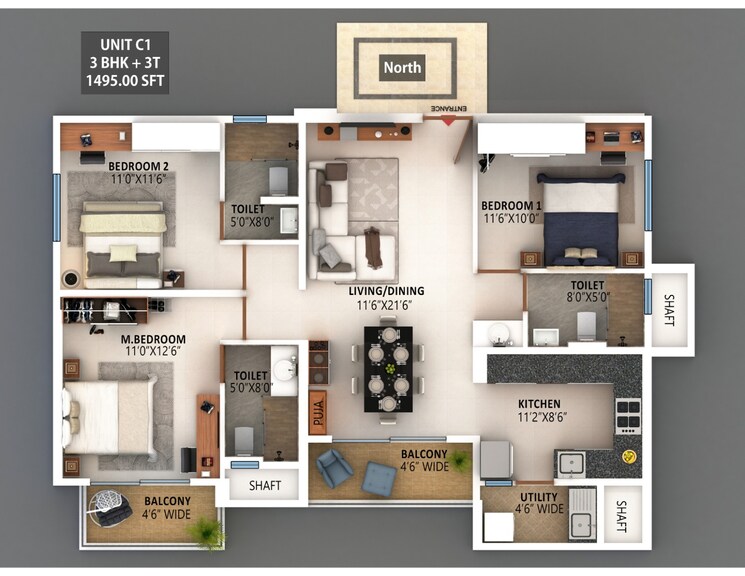 Floor Plan, meenakshi-high-life-towers 2 Bedroom 1290 Sq.Ft. Apartment In Rachenahalli Bangalore 8922008