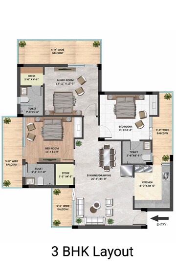 Floor Plan in 3 BHK Apartment at Skyline Elevate, Ramgarh Bhudda – for Sale