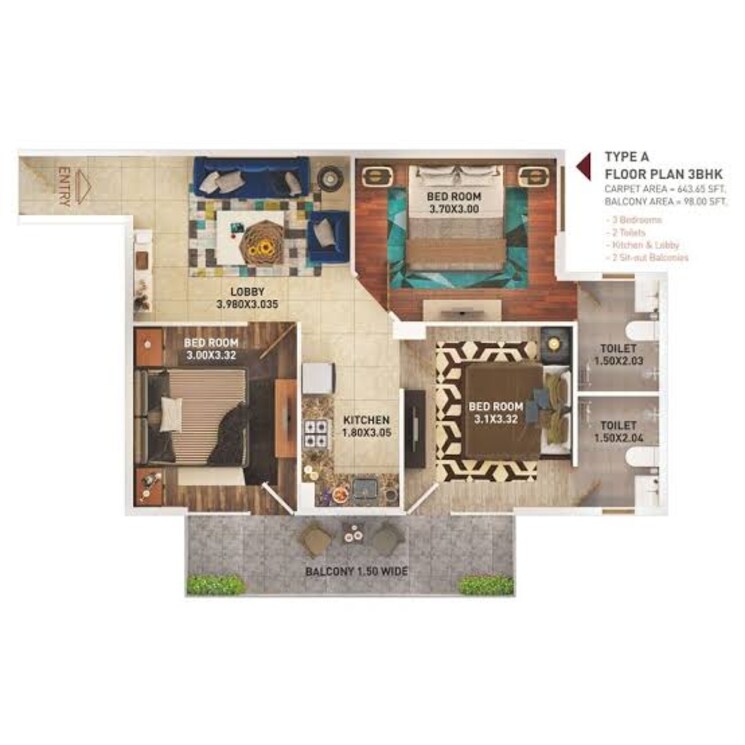 Floor Plan, pyramid-urban-homes-phase-2-extension 3 Bedroom 1050 Sq.Ft. Apartment In Sector 86 Gurgaon 8927759