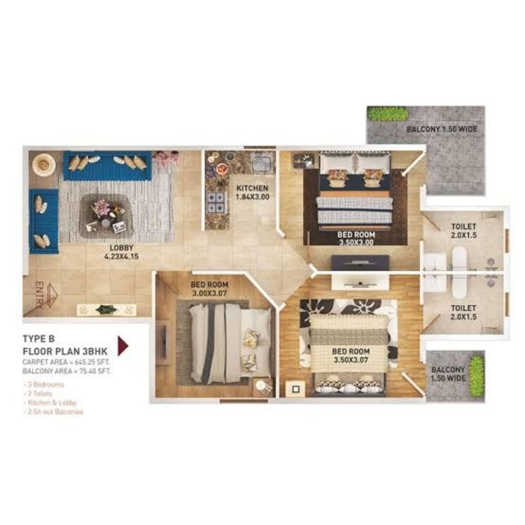 Floor Plan, pyramid-urban-homes-phase-2-extension 3 Bedroom 1050 Sq.Ft. Apartment In Sector 86 Gurgaon 8927788