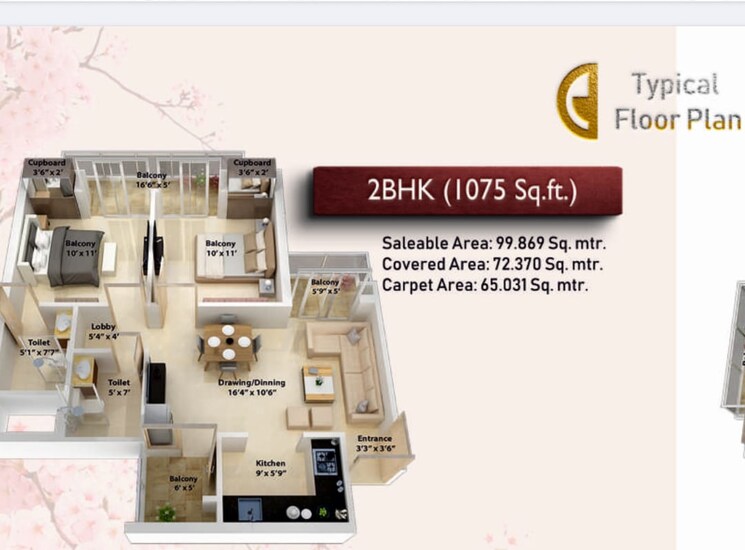 Floor Plan, ncr-monarch 2 Bedroom 1075 Sq.Ft. Apartment In Sector 1 Greater Noida Greater Noida 8935197