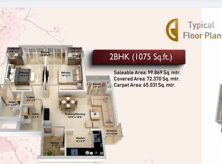 Floor Plan, ncr-monarch 2 Bedroom 1075 Sq.Ft. Apartment In Sector 1 Greater Noida Greater Noida 8935197