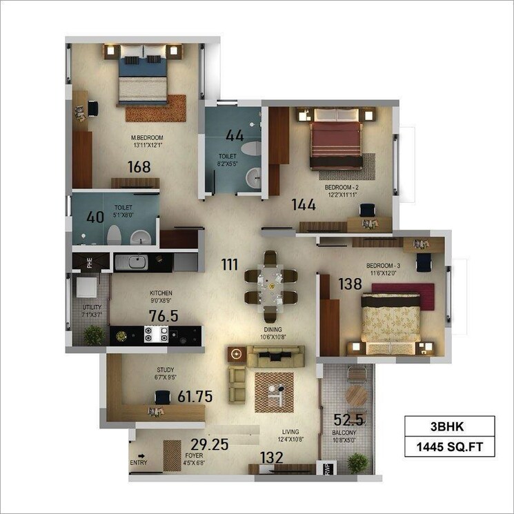 Floor Plan, mantri-webcity 3 Bedroom 1445 Sq.Ft. Apartment In Hennur Bangalore 8936057
