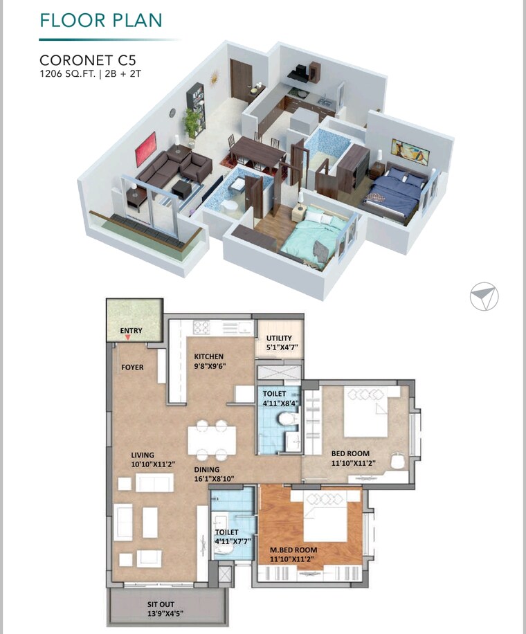 Floor Plan, monarch-aqua 2 Bedroom 817 Sq.Ft. Apartment In Kr Puram Bangalore 8936247
