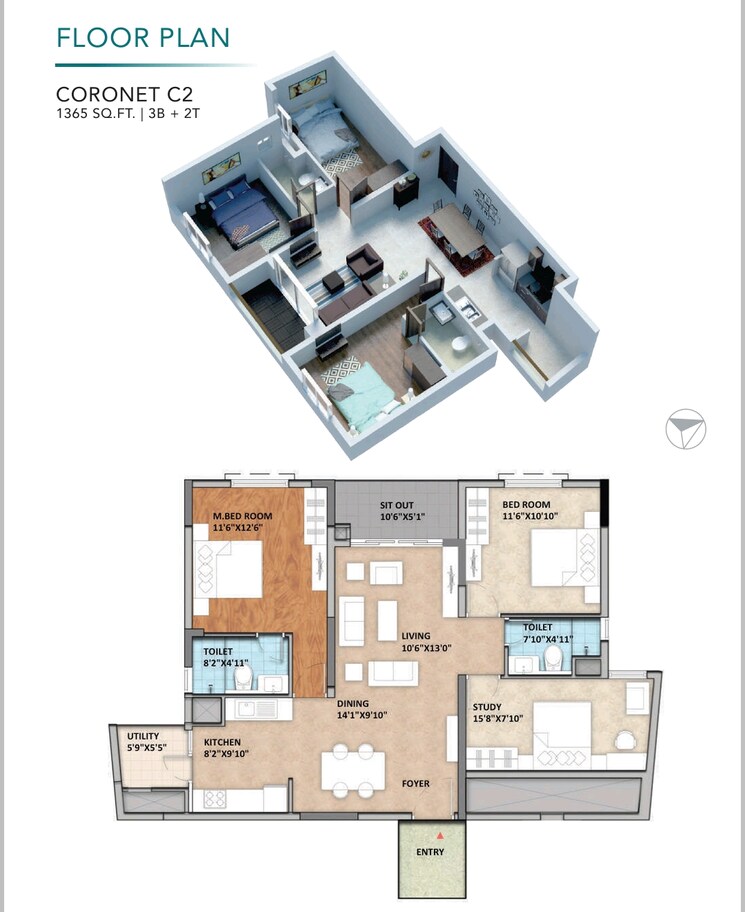 Floor Plan, monarch-aqua 3 Bedroom 1365 Sq.Ft. Apartment In Kr Puram Bangalore 8936270