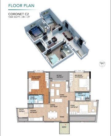 Floor Plan in 3 BHK Apartment at Monarch Aqua, Kr Puram – for Sale