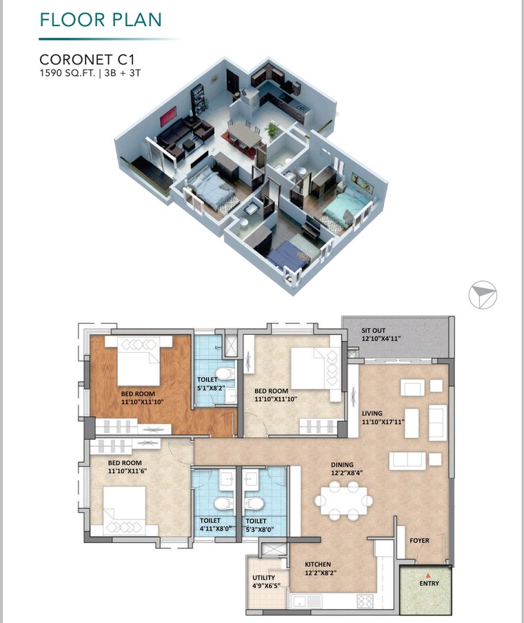 Floor Plan, monarch-aqua 3 Bedroom 1590 Sq.Ft. Apartment In Kr Puram Bangalore 8936288