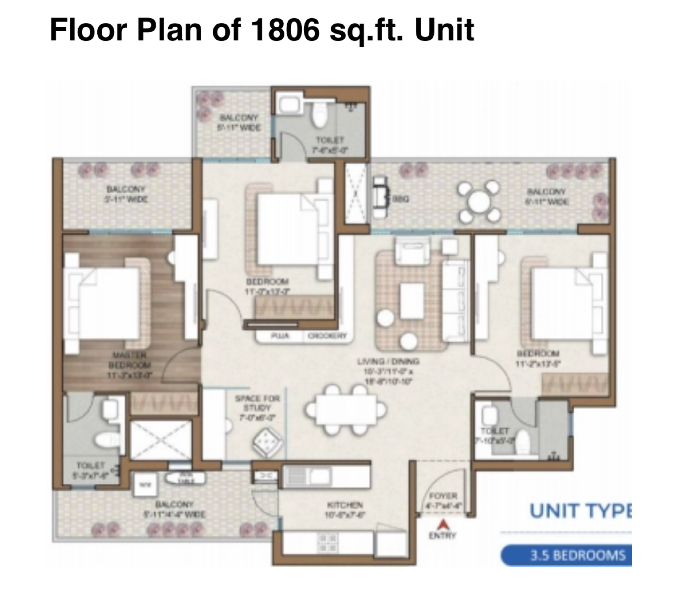3.5 BHK + Study Room 1806 Sq.Ft. Apartment in Smart World One DXP