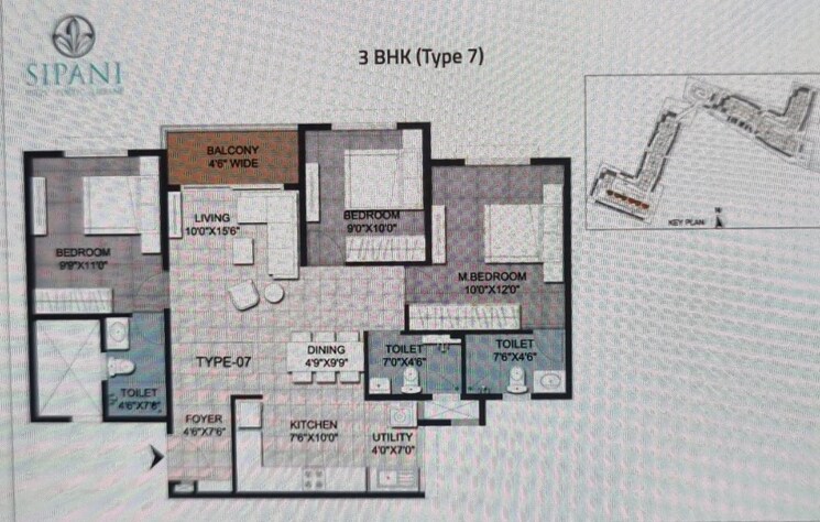 Floor Plan, sipani-royal-heritage 3 Bedroom 1230 Sq.Ft. Apartment In Chandapura Anekal Road Bangalore 8949097
