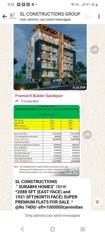 Master Bedroom in 3 BHK Apartment at SL Surabhi Homes, Sainikpuri – for Sale