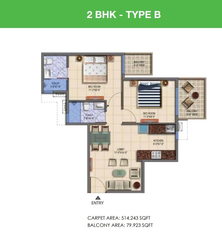 Floor Plan, signature-global-the-roselia 2 Bedroom 800 Sq.Ft. Apartment In Sector 95a Gurgaon 8954882