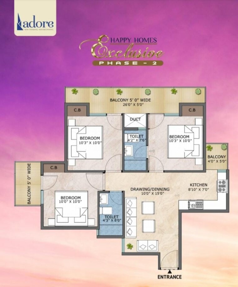 Floor Plan, adore-happy-homes-exclusive 3 Bedroom 1000 Sq.Ft. Apartment In Sector 86 Faridabad 8955249