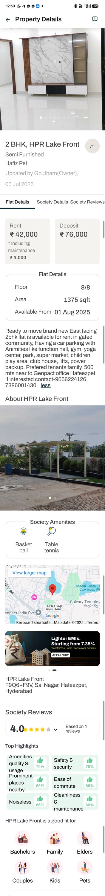 2 BHK Apartment – Exterior View View at HPR Lakefront, Hafeezpet - for Rent