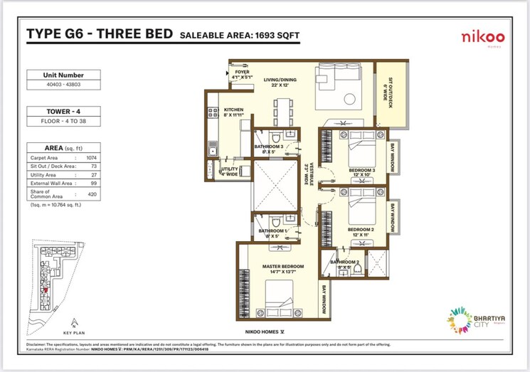 Floor Plan, bhartiya-city-nikoo-homes-5 3 Bedroom 1693 Sq.Ft. Apartment In Thanisandra Main Road Bangalore 8957249