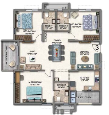 Floor Plan in 3 BHK Apartment at Aparna Cyber Shine, Osman Nagar – for Sale