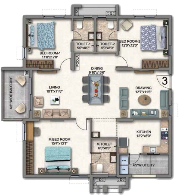 Floor Plan, aparna-cyber-shine 3 Bedroom 1824 Sq.Ft. Apartment In Osman Nagar Hyderabad 8957397