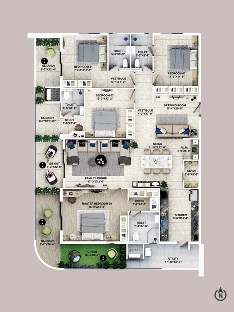 Floor Plan, kondapur 4 Bedroom 3222 Sq.Ft. Apartment In Kondapur Hyderabad 8958594