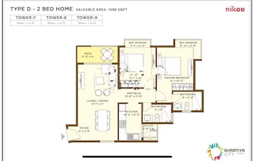 Floor Plan in 2 BHK Apartment at Bhartiya Nikoo Homes, Thanisandra Main Road – for Rent