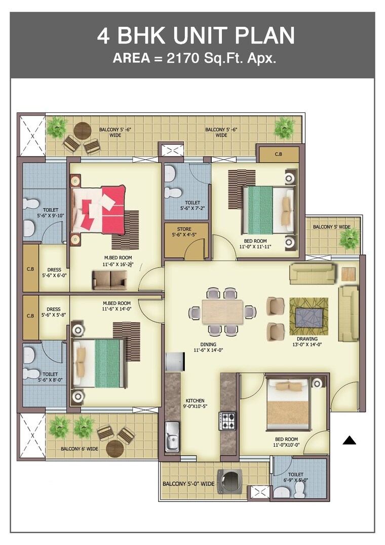 Floor Plan, skyline-park 4 Bedroom 2170 Sq.Ft. Apartment In Vip Road Zirakpur 8961848
