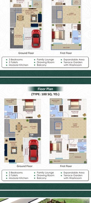 Floor Plan in 3 BHK Villa at Renowned Lotus Srishti, Sain Vihar – for Sale