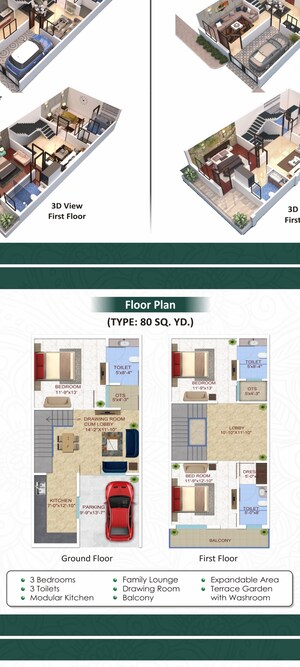 Floor Plan in 3 BHK Villa at Renowned Lotus Srishti, Sain Vihar – for Sale