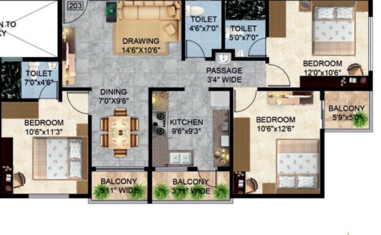 Floor Plan, friends colony 3 Bedroom 1450 Sq.Ft. Apartment In Friends Colony Nagpur 8963555