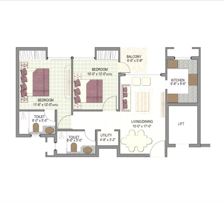 Floor Plan, jaypee-kensington-boulevard 2 Bedroom 975 Sq.Ft. Apartment In Sector 131 Noida 8963557