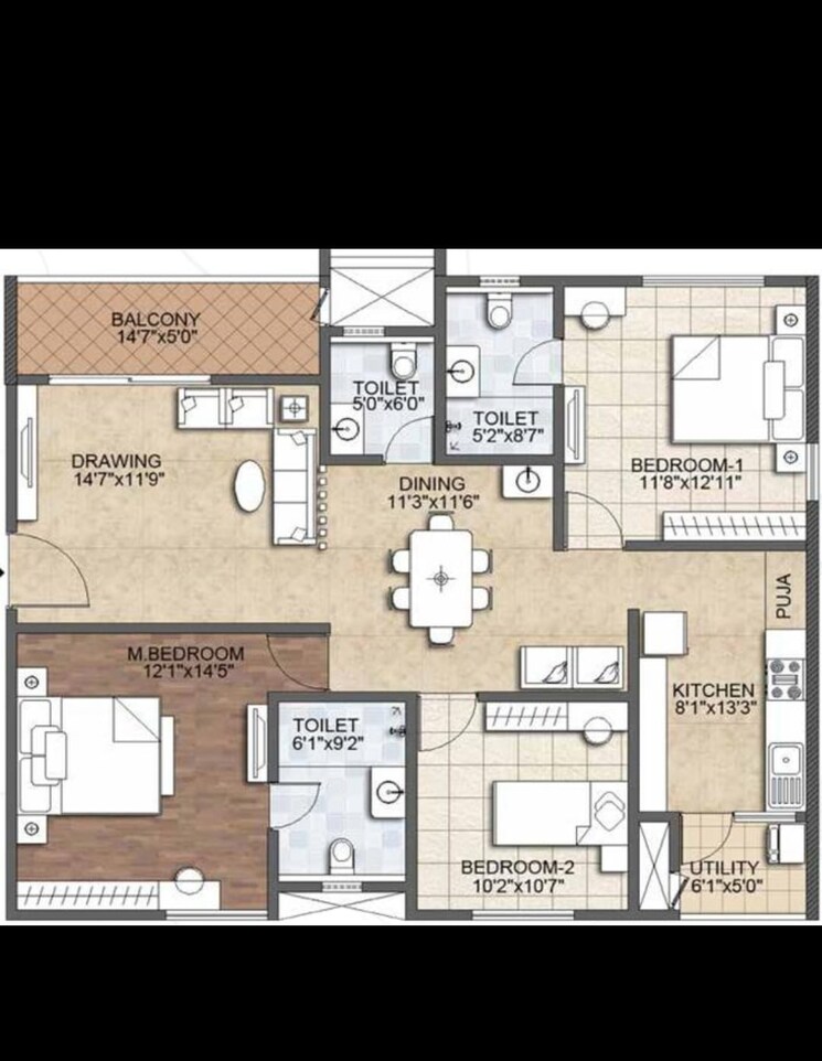 Floor Plan, aurobindo-the-regent 3 Bedroom 1663 Sq.Ft. Apartment In Kondapur Hyderabad 8970354
