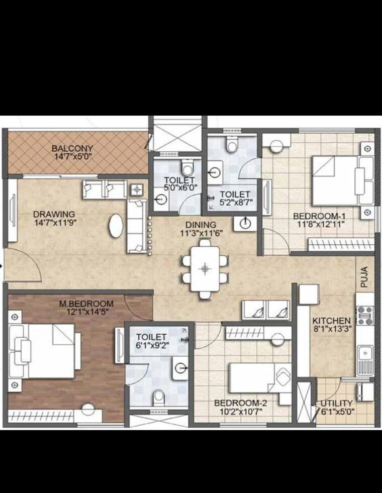 Floor Plan, aurobindo-the-regent 3 Bedroom 1663 Sq.Ft. Apartment In Kondapur Hyderabad 8970354