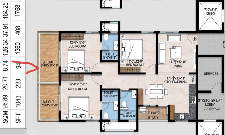 Floor Plan, pragathi nagar 3 Bedroom 1768 Sq.Ft. Apartment In Pragathi Nagar Hyderabad 8968117