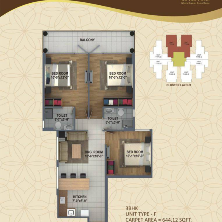 Floor Plan, rof-ananda 3 Bedroom 735 Sq.Ft. Apartment In Sector 95 Gurgaon 8974679
