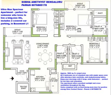 Floor Plan in 3 BHK Apartment at Sobha Amethyst, Whitefield – for Sale