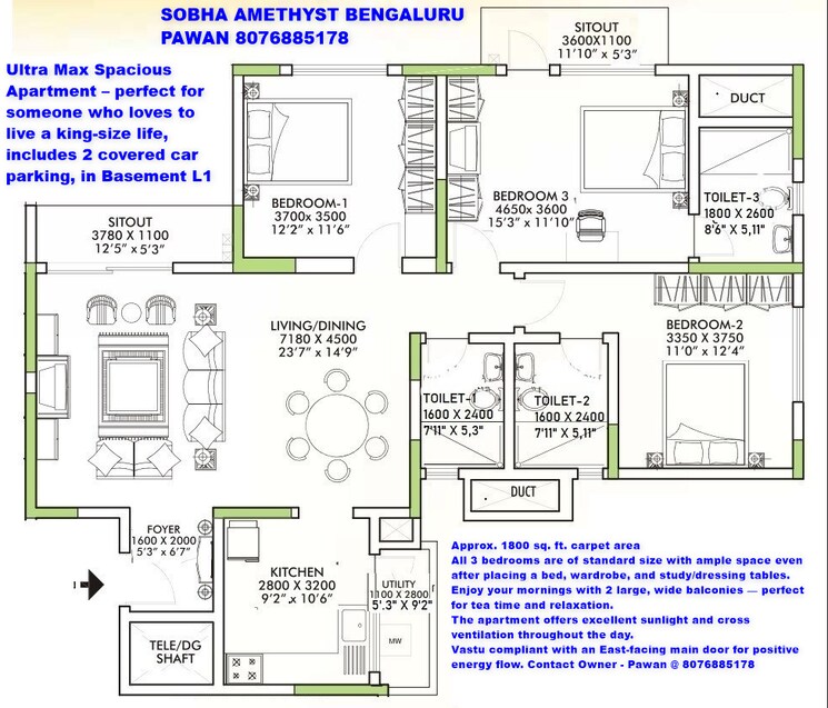 Floor Plan, sobha-amethyst 3 Bedroom 1780 Sq.Ft. Apartment In Whitefield Bangalore 8975312