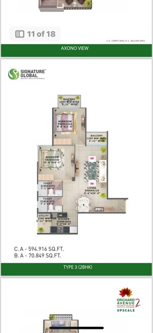 Floor Plan in 2 BHK Apartment at Signature Orchard Avenue 2, Sector 93 – for Sale