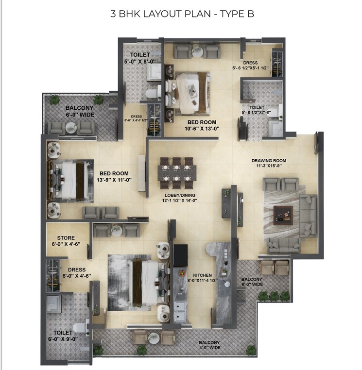 Floor Plan, pir machalla 3 Bedroom 2135 Sq.Ft. Apartment In Pir Machalla Zirakpur 8979448