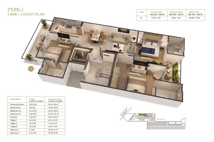 Floor Plan, suncity-vatsal-valley 3 Bedroom 1430 Sq.Ft. Apartment In Gwal Pahari Gurgaon 8985570