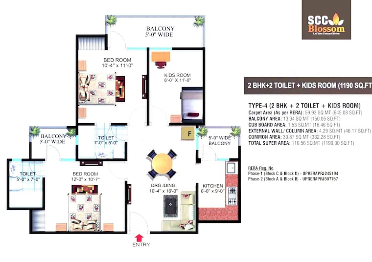 Floor Plan, scc-blossom 2 Bedroom 1190 Sq.Ft. Apartment In Raj Nagar Extension Ghaziabad 8985779